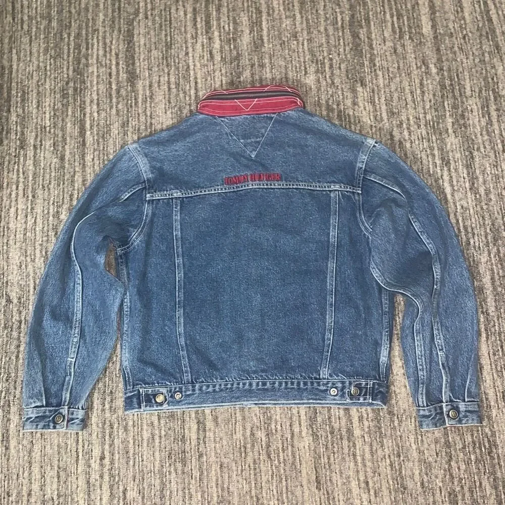 VTG Tommy Hilfiger Womens Size Large Button Front‎ Denim Jacket Blue Hidden Hood